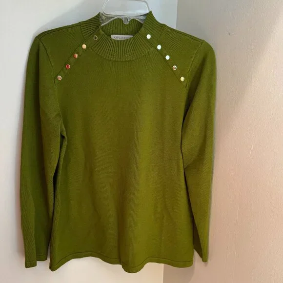 NWOT mockneck studded trim pullover sweater, green, size MP, from Appleseed's - Picture 1 of 9